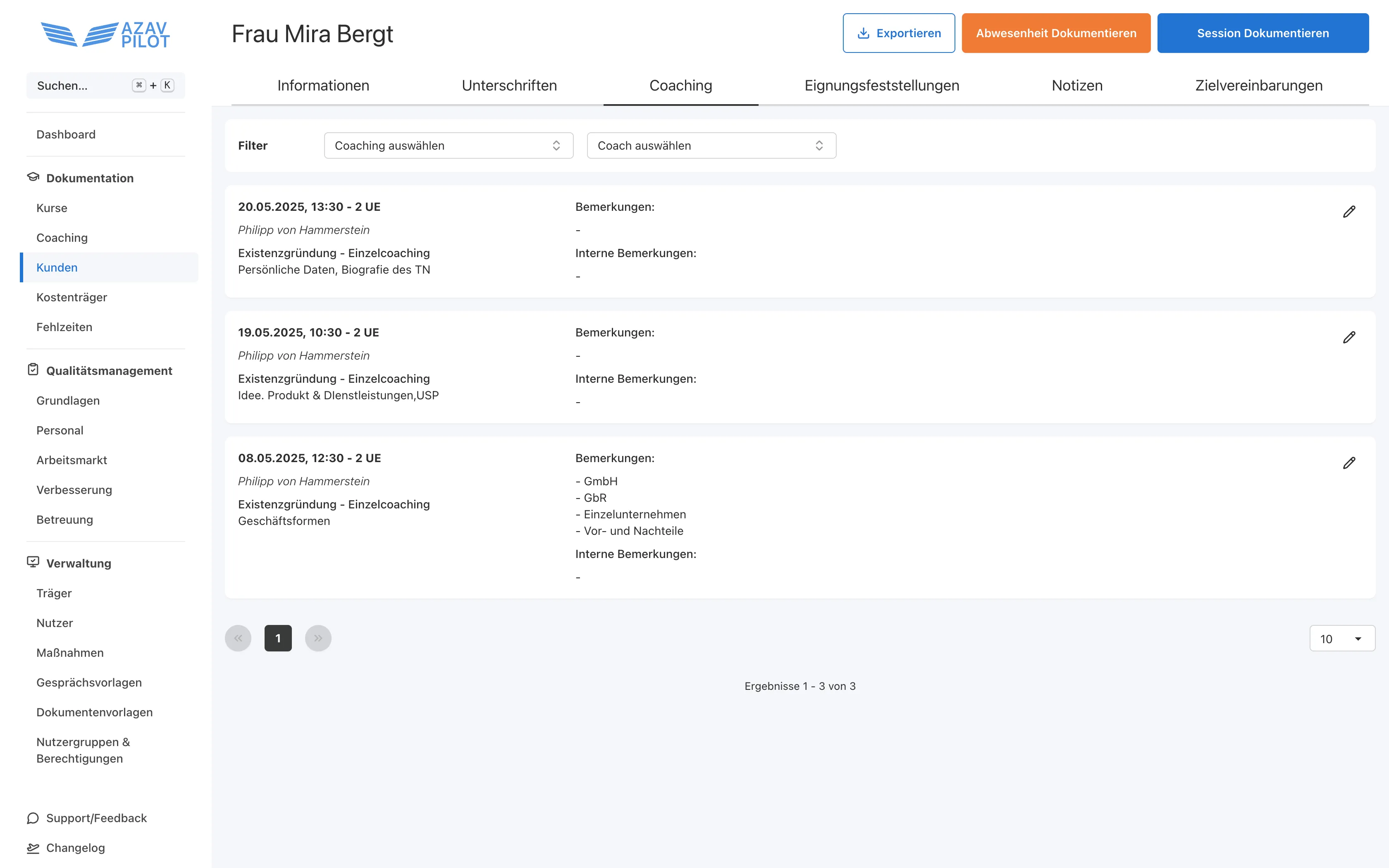 Teilnehmerverwaltung in AZAV Pilot