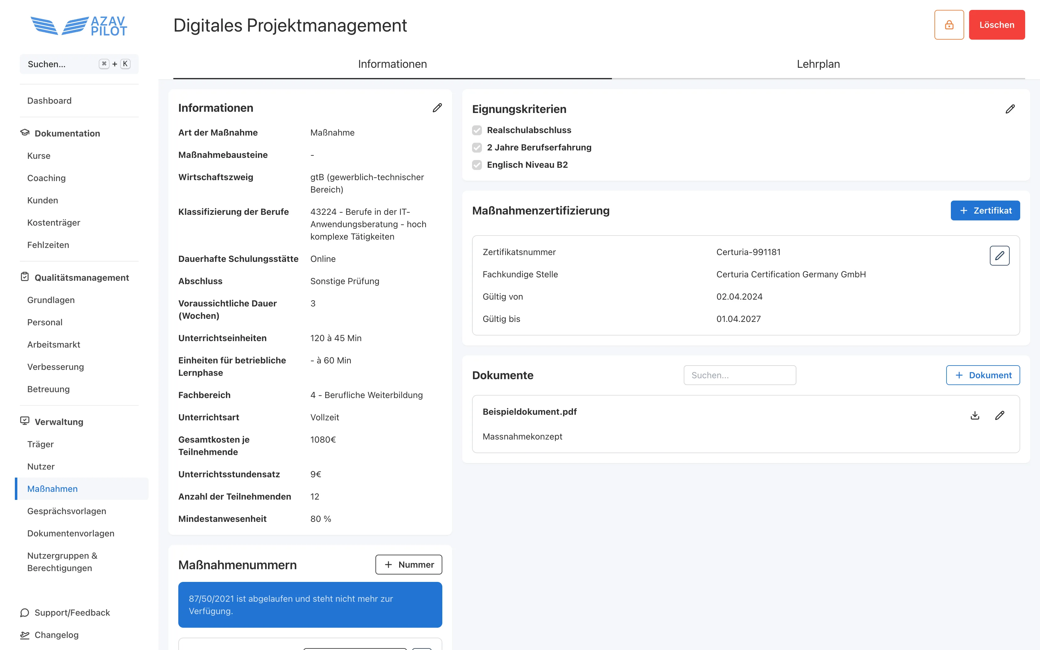 Teilnehmerverwaltung in AZAV Pilot
